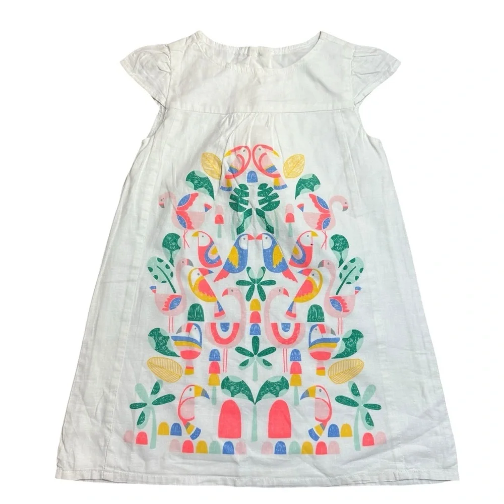 Gymboree Toddler Girls White Linen Blend Bird Print Short Sleeve Dress Size 3T